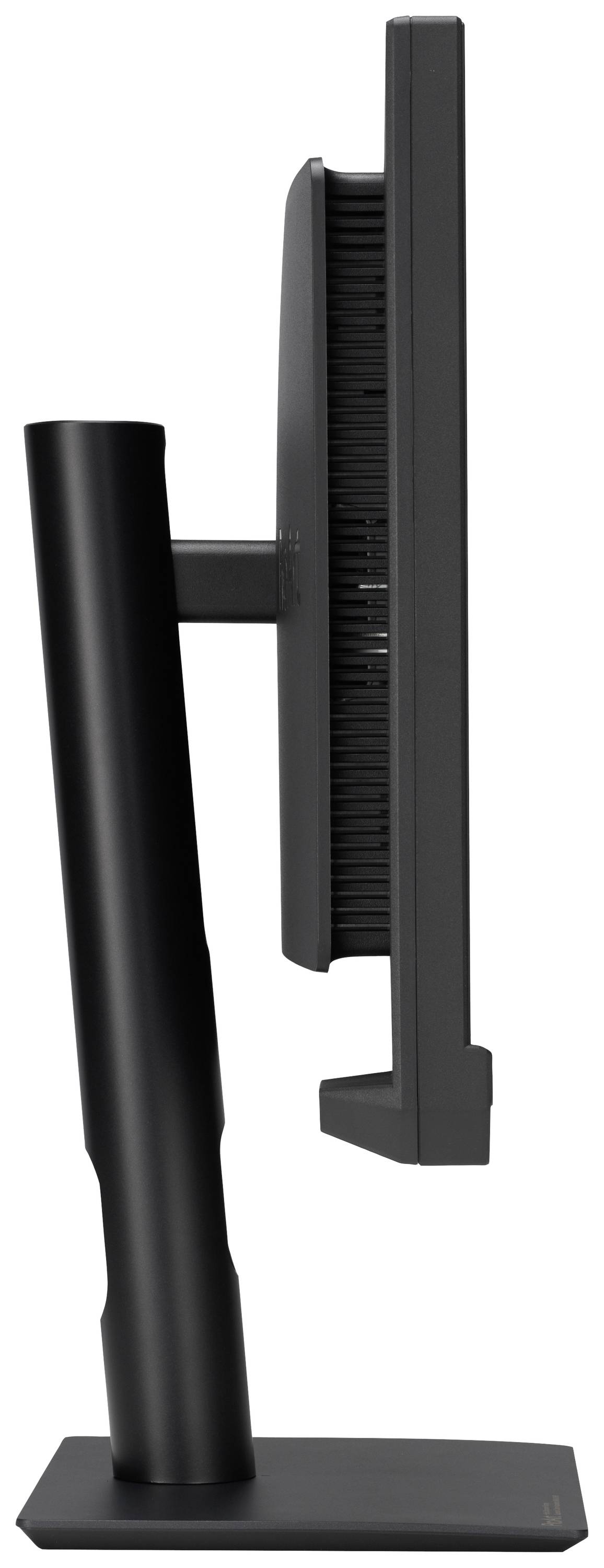 Een zwarte computermonitor van opzij, toont een stabiele standaard.