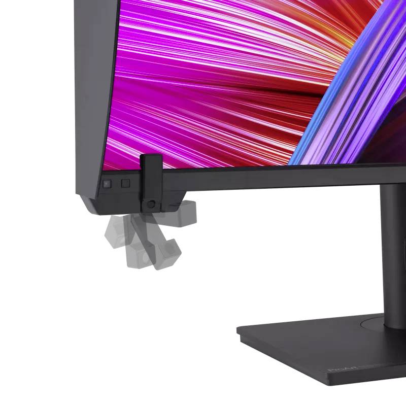 Een monitor met een kleurrijke, abstracte schermachtergrond, toont levendige kleuren. Het ontwerp is slanke en modern.