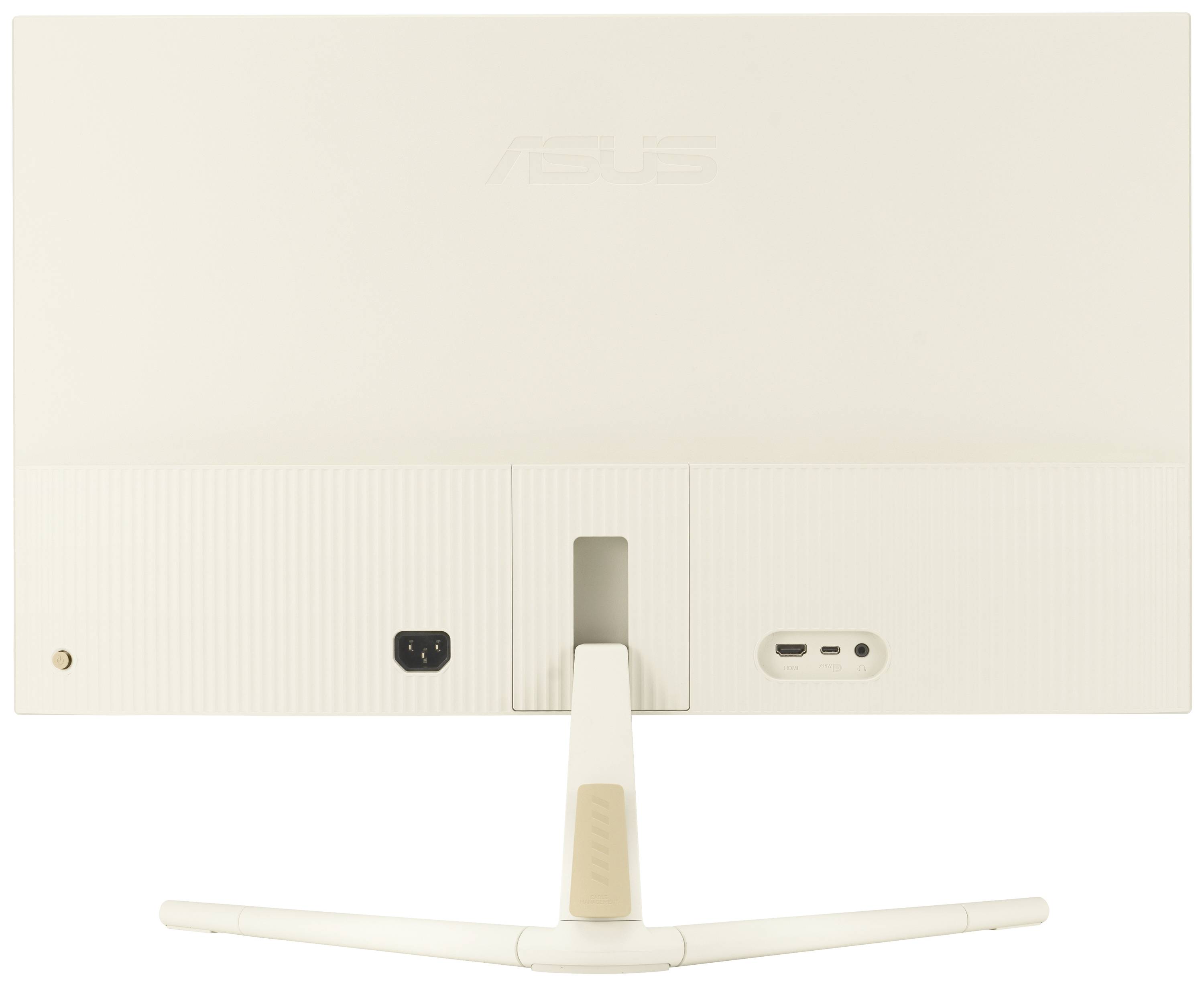 Achteraanzicht van een witte flatscreen-monitor op een witte achtergrond, met aansluitingen en voet zichtbaar.