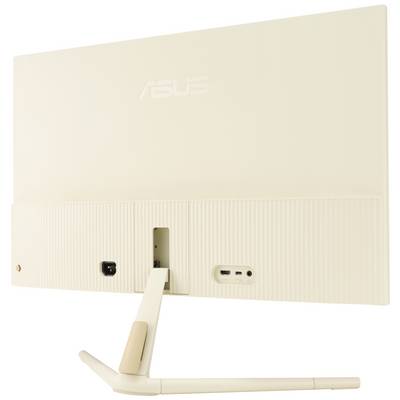 Achteraanzicht van een beige monitor met aansluitingsmogelijkheden en voet.