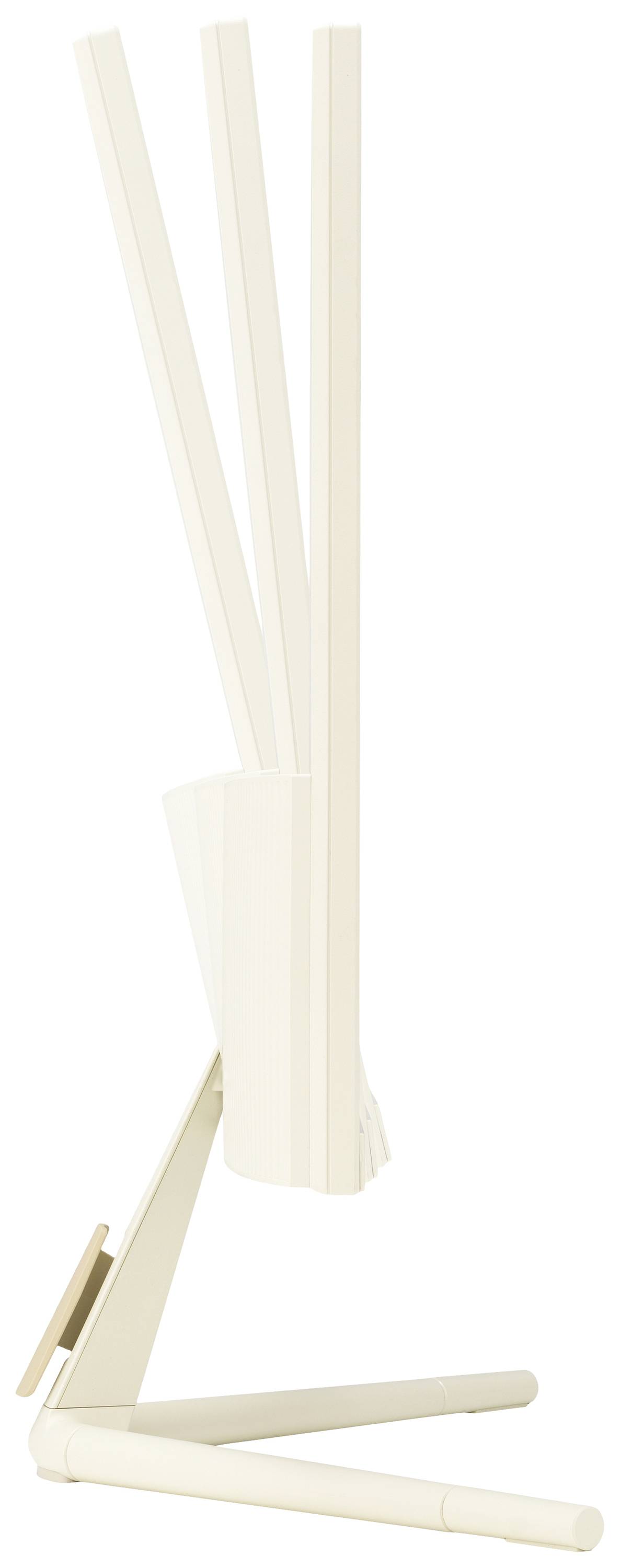 Witte moderne kapstok met vier verticale stangen op een stabiele voet, geschikt voor kleding of accessoires.