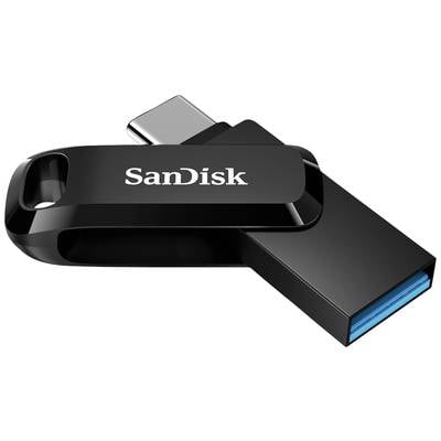 Een zwarte SanDisk-USB-stick met afneembare dop. De aansluiting is zichtbaar en toont een blauwe USB 3.0-poort.