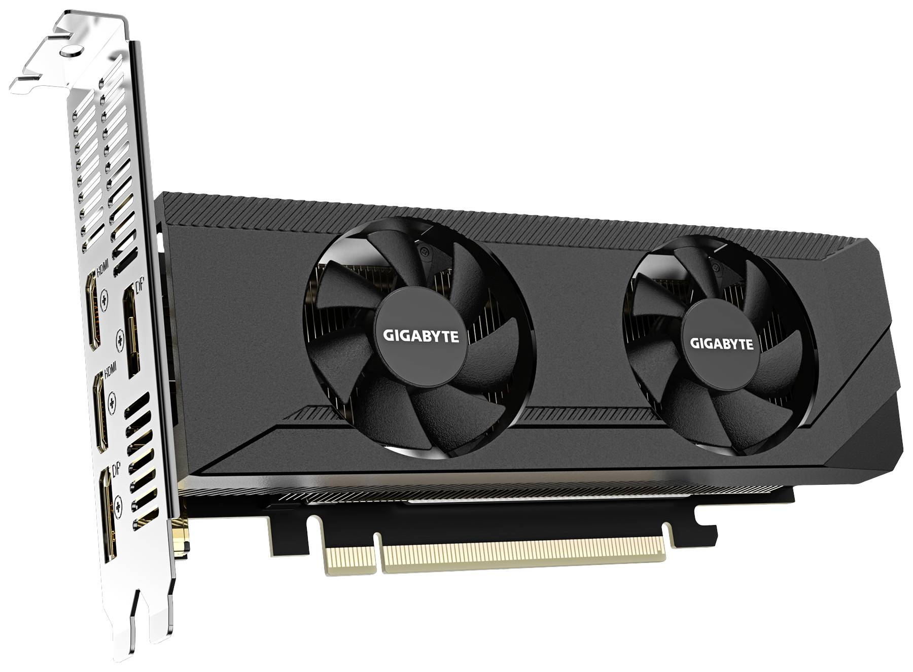 Zwarte videokaart van Gigabyte met twee ventilatoren, PCIe-aansluiting, meerdere HDMI- en DisplayPort-aansluitingen aan de achterzijde.
