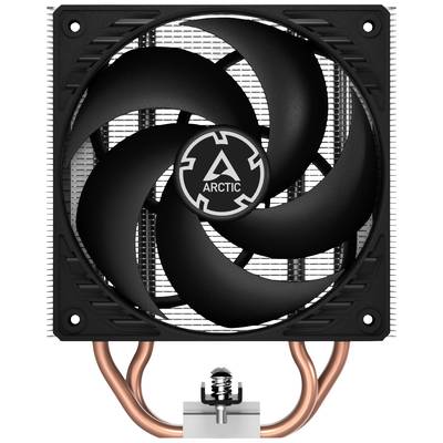 Een CPU-koeler met een grote ventilator en koperen heatpipes, gemarkeerd met het 'Arctic' logo. Geschikt voor de koeling van computerprocessors.