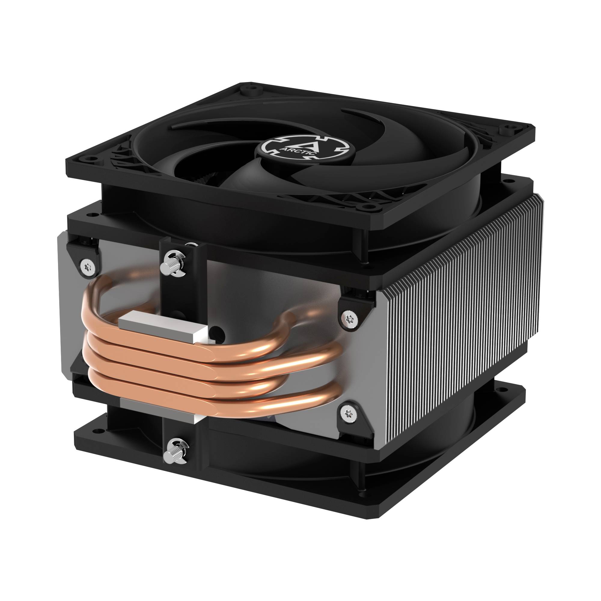 Een vierkante, zwarte CPU-koeler met grote koelvinnen en ventilator. Koperen buizen zijn zichtbaar die door de koeler lopen.