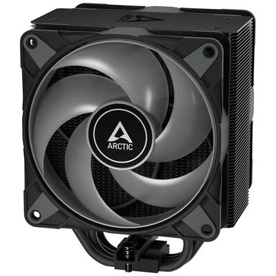 Zwarte CPU-koeler van Arctic met grote ventilator en meerdere koelvinnen, ontwikkeld voor de koeling van computerprocessoren.