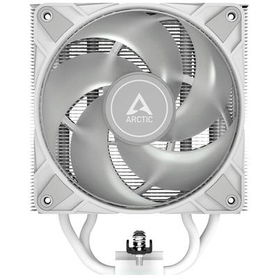 Een witte pc-ventilator met het 'Arctic'-logo in het midden. De ventilator heeft vier bladen en is gemonteerd in een vierkant behuizing.