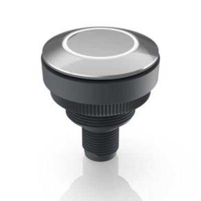 Een metalen knop met zwarte rand en schroefdraad, geschikt voor industriële machinebediening.