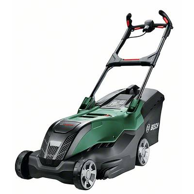 Groene grasmaaier met zwarte behuizing en grote wielen, toont modern design en merklogo aan de zijkant.
