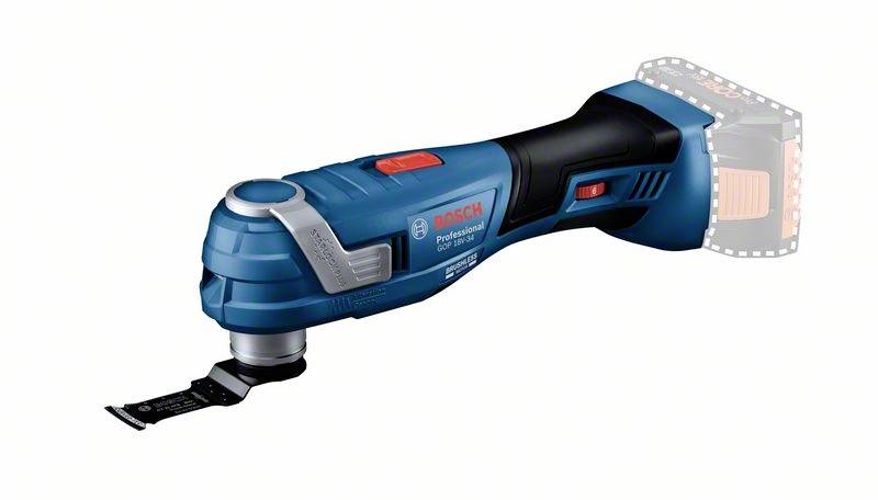 Een blauw, draadloos multifunctioneel gereedschap met een zaagbladaansluiting, geschikt voor professionele ambachtelijke werkzaamheden.