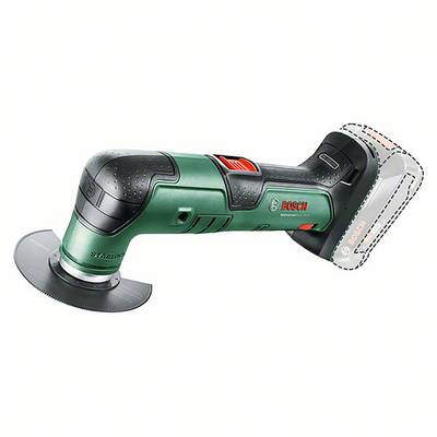 Draadloos multifunctioneel gereedschap met groene behuizing en zwarte handgreep. Accuvak zichtbaar, mes in werkstand.