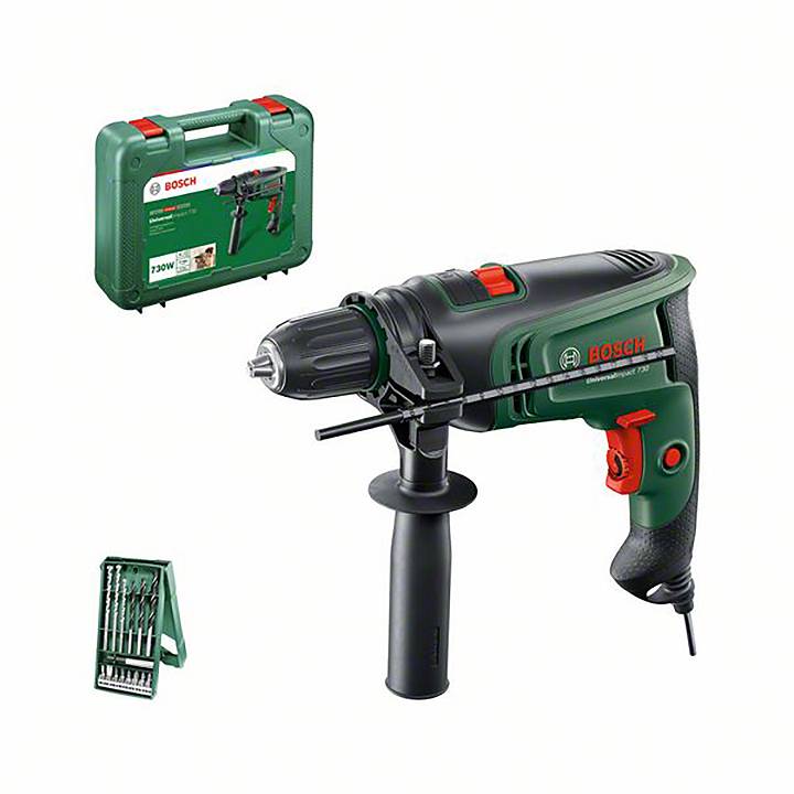Bosch Groen Klopboormachine UniversalImpact 730 | Incl. Dieptestop, additionele handgreep en 15-delige X-Line set -