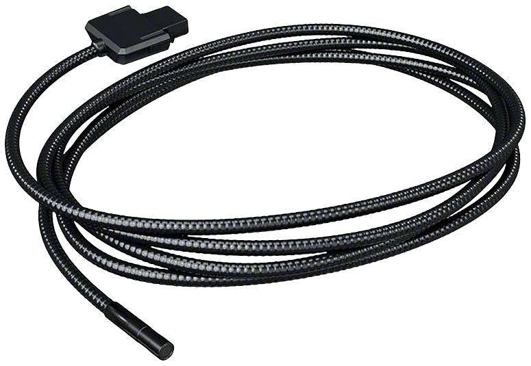 Een lang, flexibel zwart kabel is opgerold. Aan de ene kant bevindt zich een rechthoekige stekker, aan de andere kant een kleine sonde.