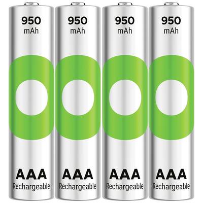 Vier herlaadbare AAA-batterijen met een capaciteit van 950 mAh, naast elkaar gerangschikt.
