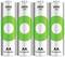 Vier op een rij geplaatste, oplaadbare AA-batterijen met een capaciteit van 2600 mAh, zilverkleurig met een groen cirkelvormig ontwerp, weergeven.