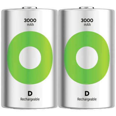 Twee zilveren, oplaadbare D-batterijen van 3000 mAh met groene markering op een witte achtergrond.