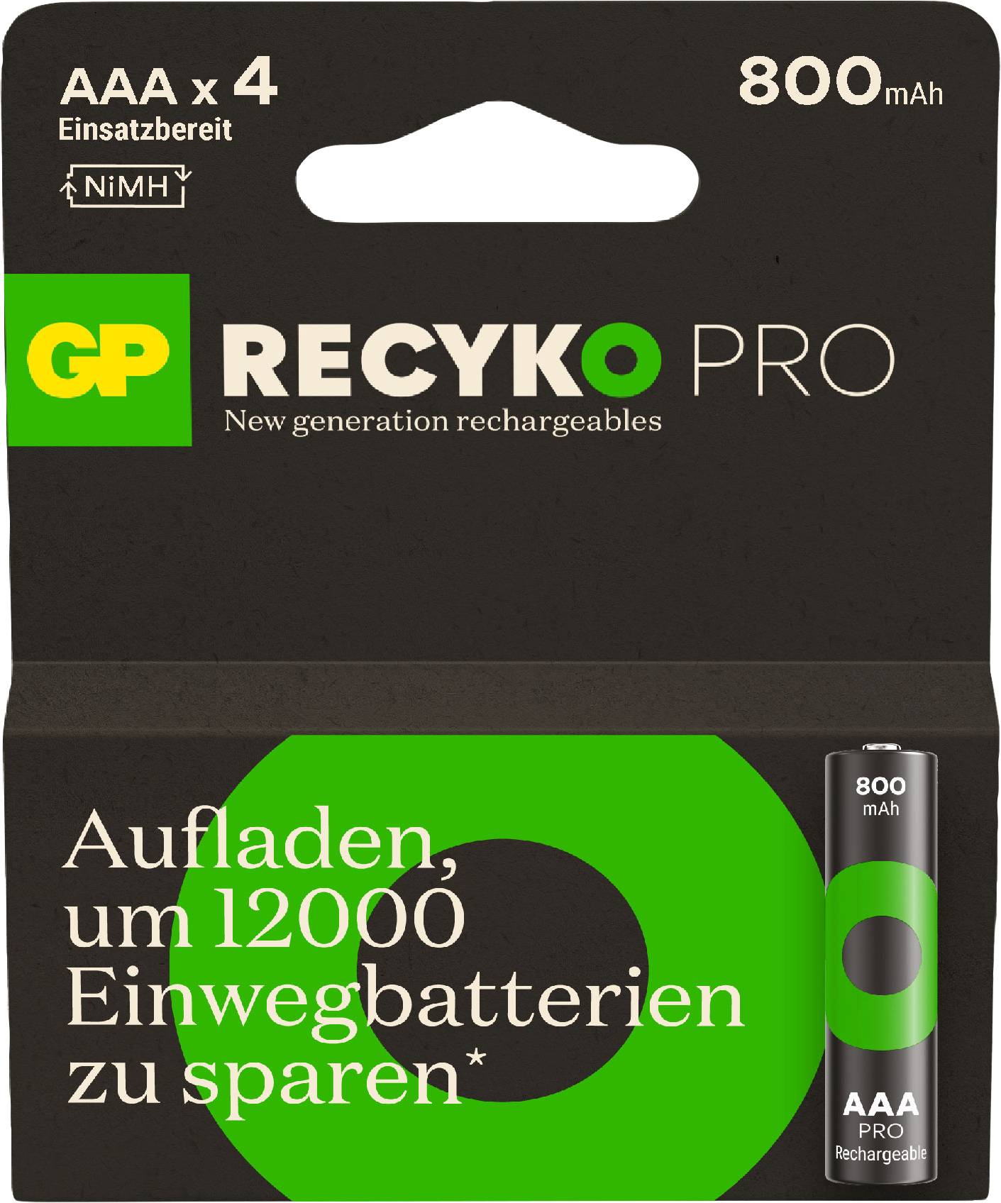'GP Recyko Pro' Batterijverpakking met 4 AAA NiMH-accu's, 800 mAh. Tekst: 'Opladen om 12000 wegwerpbatterijen te besparen.'