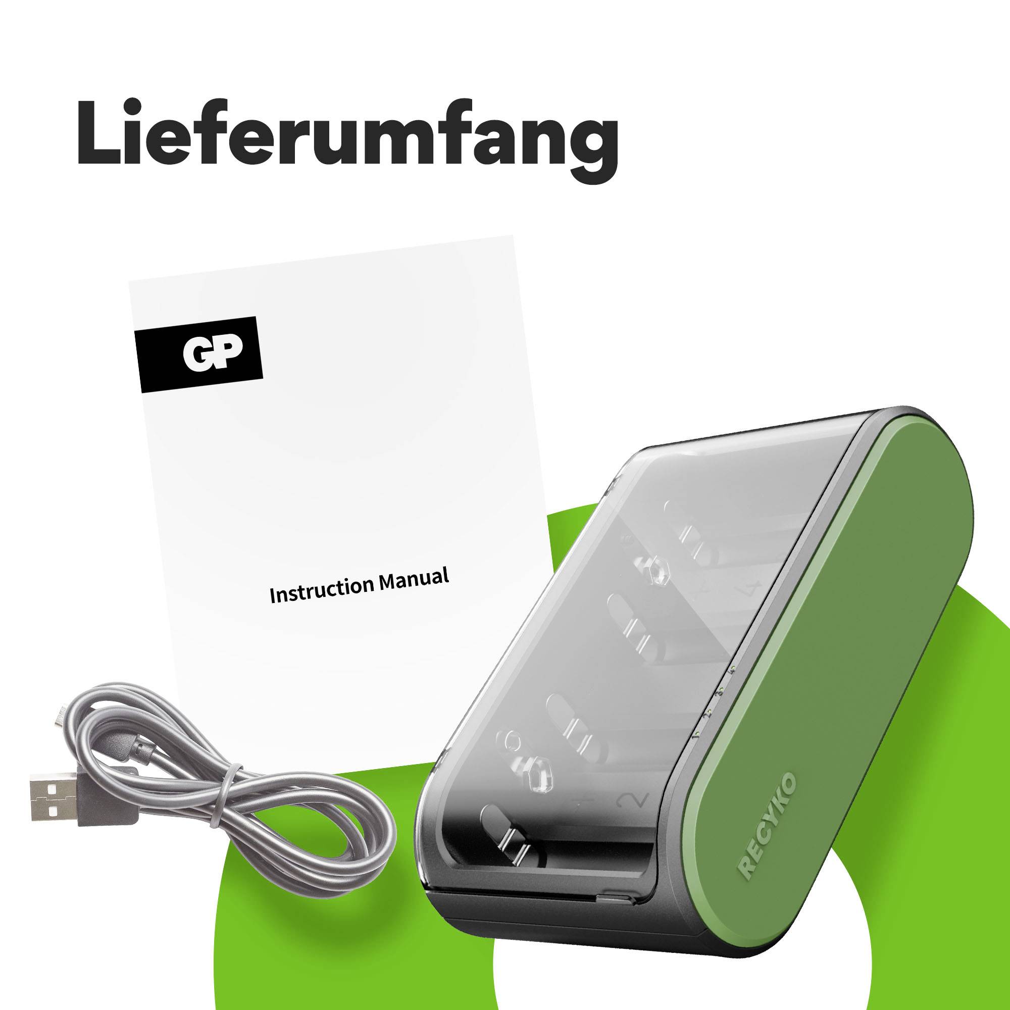 Leveringsomvang: Een groene powerbank van Reolko, een USB-kabel en een gebruikshandleiding met 'Instruction Manual' op de voorkant.