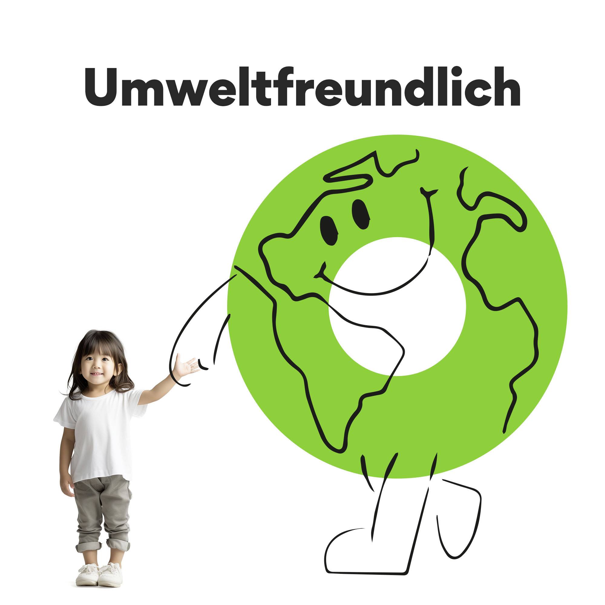 Klein meisje houdt een groene, lachende wereldbol in haar hand met het woord 'Milieuvriendelijk' erboven.
