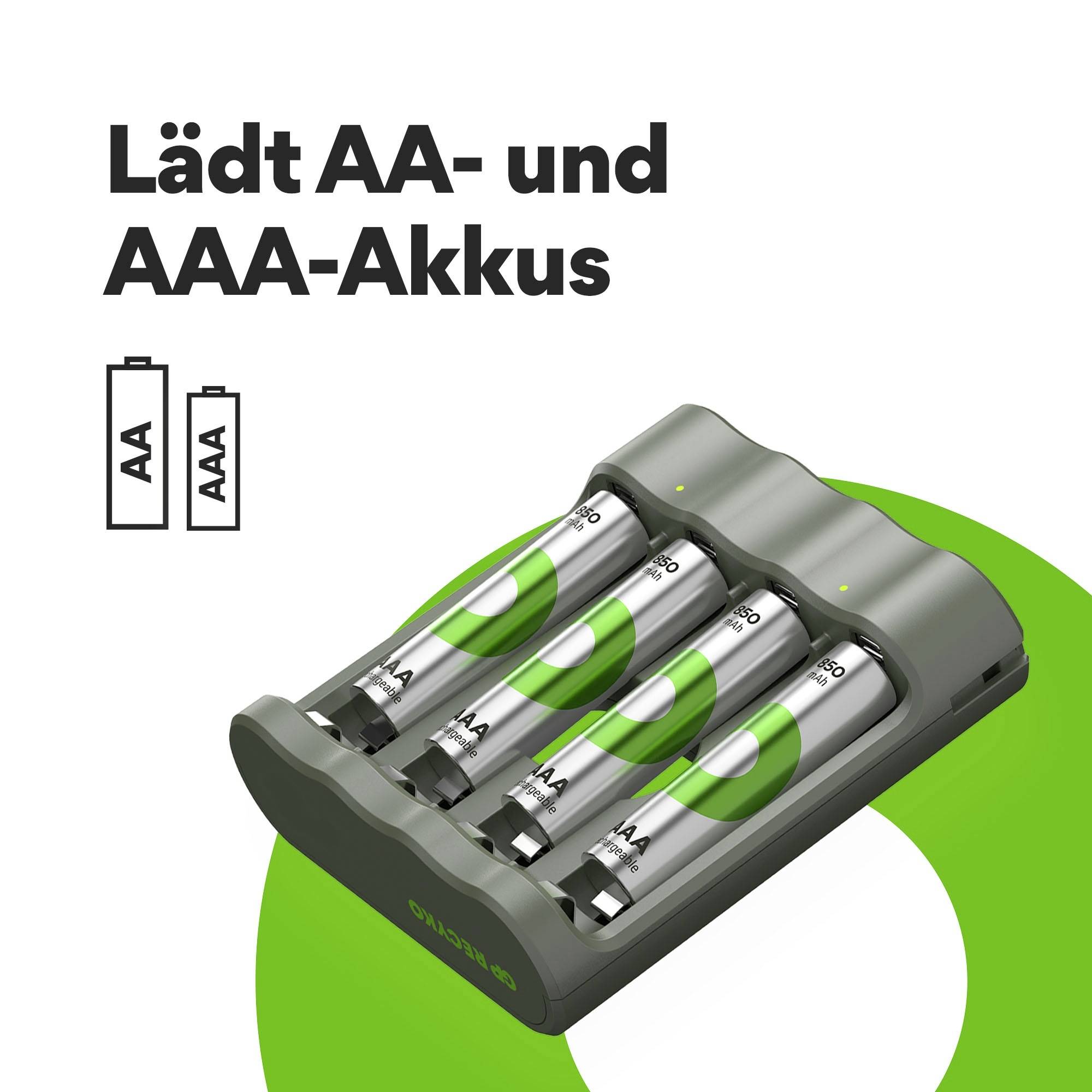 Oplader met vier sleuven, geschikt voor AA- en AAA-batterijen. Tekst: 'Laadt AA- en AAA-batterijen op'.