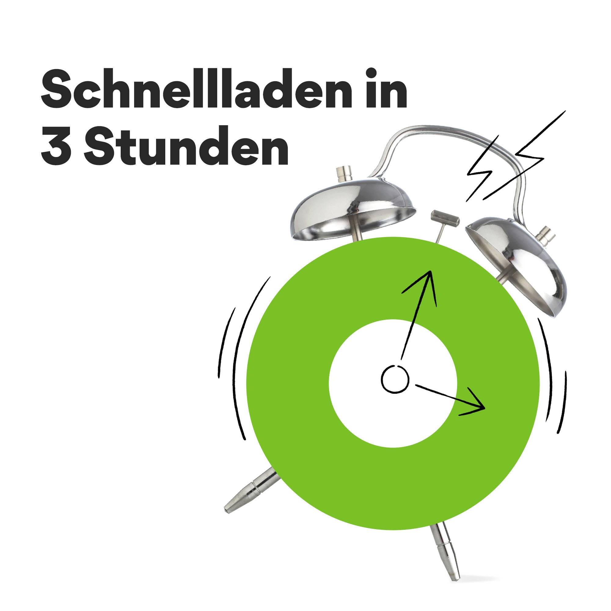 Groene wekker met de tekst 'Snel opladen in 3 uur', toont een snelle oplaadtijd binnen korte periode.
