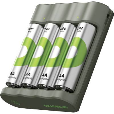 Vier herlaadbare AA-batterijen in de oplader. De batterijen hebben groene markeringen en '2100 mAh' staat erop.