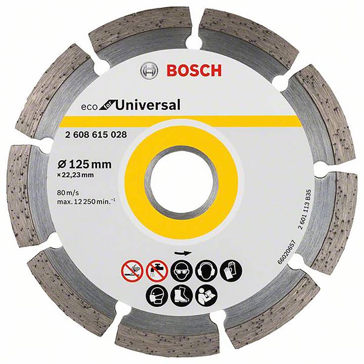 'Schijf met Bosch-logo, opschriften: eco Universal, Ø 125 mm, 80 m/s, 12.250 min-1. Symbolen voor veiligheidsuitrusting.'