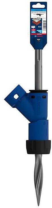 Blauwe spiraalboortje met etiket voor bevestiging aan elektrisch gereedschap, geschikt voor hout en metaal, met voorbeeldmaterialen op de verpakking.