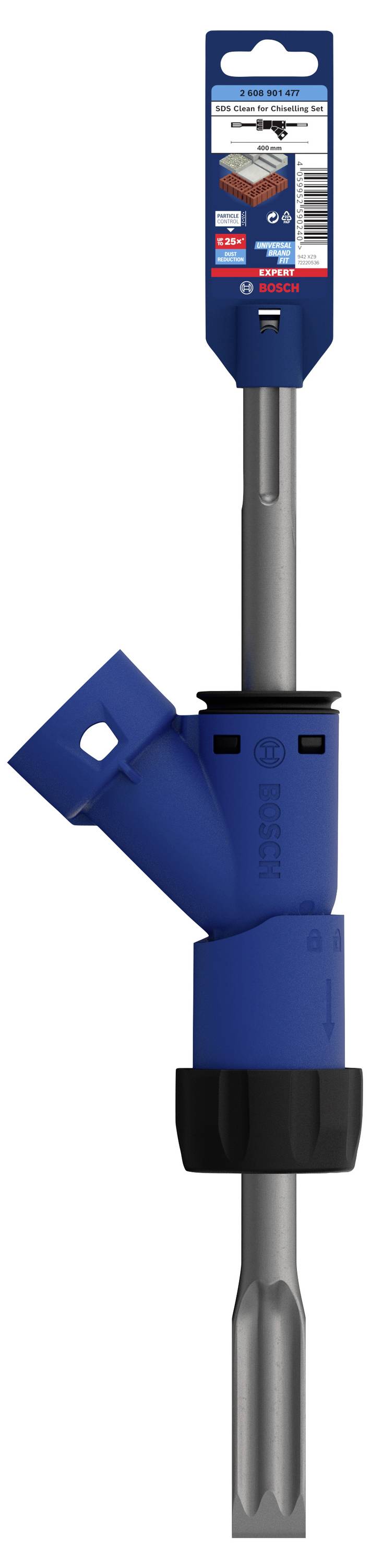 Een blauwe gereedschapsopzetstuk voor stofafzuiging op een grijze beitel met verpakking bovenaan, geschikt voor boorwerkzaamheden.