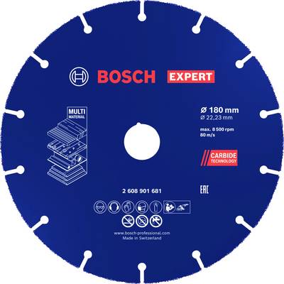 Blauwe doorslijpschijf van Bosch voor verschillende materialen, diameter 180 mm, maximaal toerental 8.500 rpm, Gemaakt in Zwitserland.