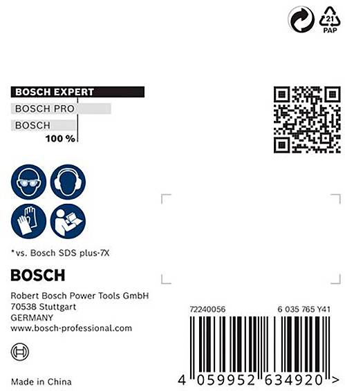 'Bosch Expert' etiket met QR-code, barcodes en teksten met productinformatie. Hoofdtekst: 'Robert Bosch Power Tools GmbH, Stuttgart, Duitsland'.