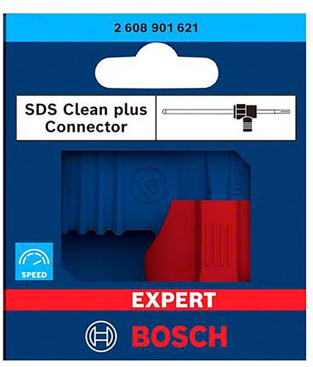Verpakking van een 'Bosch SDS Clean plus Connector' met rood en blauw ontwerp. Het product is een verbindingselement.