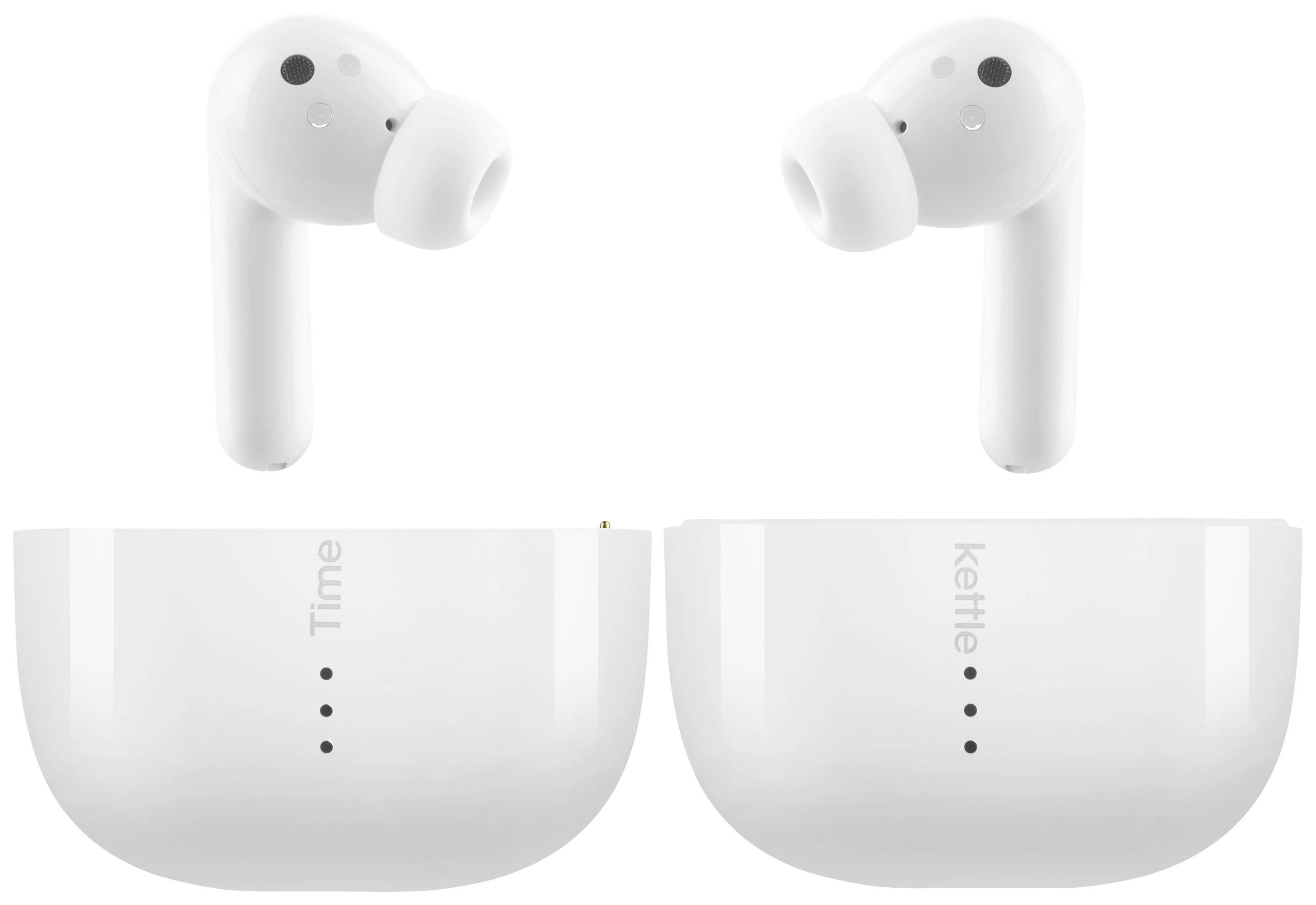 Twee witte draadloze oordopjes met oorstukjes en twee bijpassende oplaadhoesjes met de opschriften 'Time' en 'Kettle'.