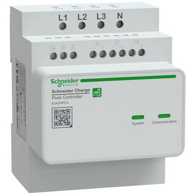 Een wit apparaat met het opschrift 'Schneider Electric' fungeert als stroomregelaar. Het heeft aansluitingen voor fasen L1, L2, L3 en de nulgeleider.