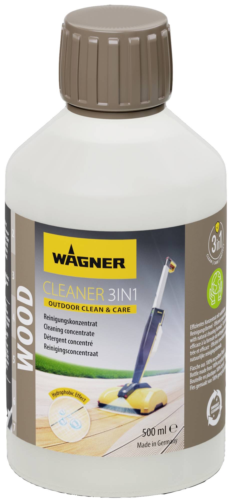 'Wagner Cleaner 3in1' fles met 500 ml reinigingsmiddel voor houten oppervlakken, geschikt voor buitengebruik. Geproduceerd in Duitsland.