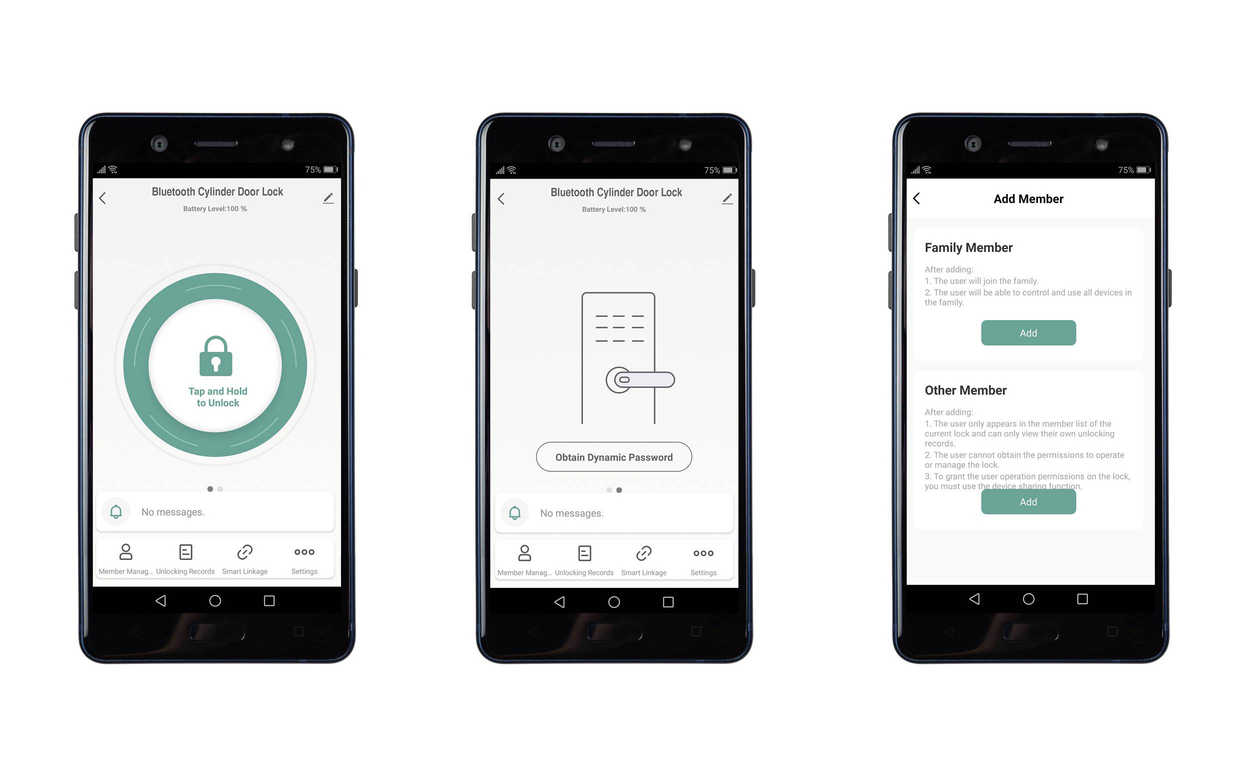 Drie smartphoneschermen tonen een app voor een Bluetooth-cilinderslot. Afbeelding 1: Vergrendelfunctie, Afbeelding 2: Wachtwoord genereren, Afbeelding 3: Familielid toevoegen.