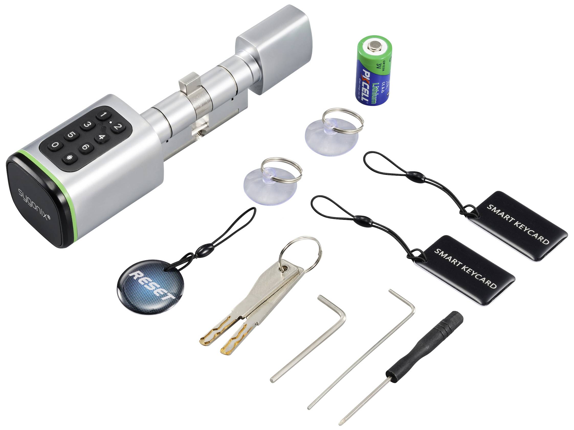 Elektronisch deurslot met toetsenbord, twee smartcards, twee sleutels, reset-magneet, batterij en gereedschappen voor installatie.