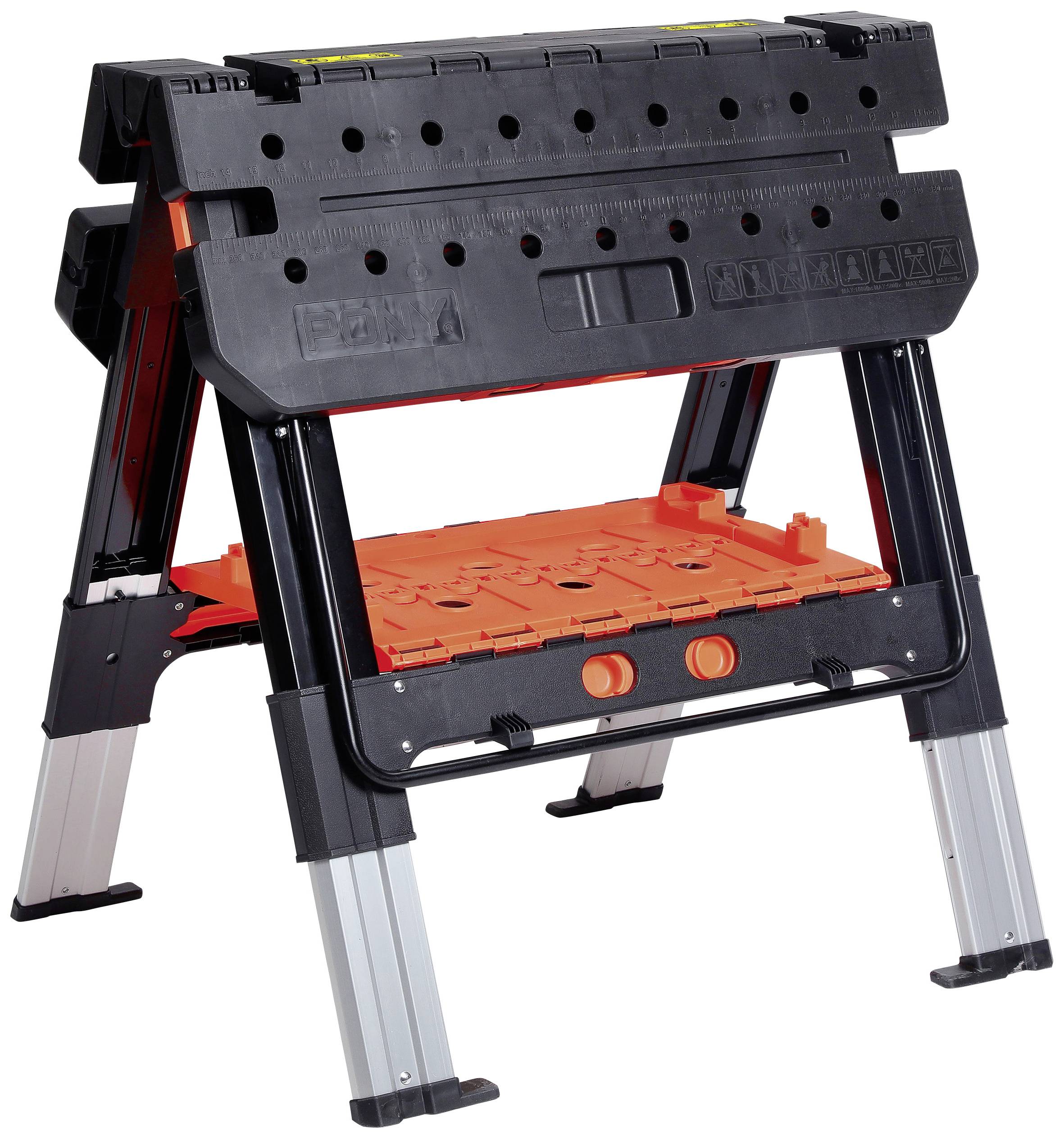 Draagbare werkbank met zwarte kunststof behuizing, opvouwbare aluminium poten en een helder oranje werkoppervlak.