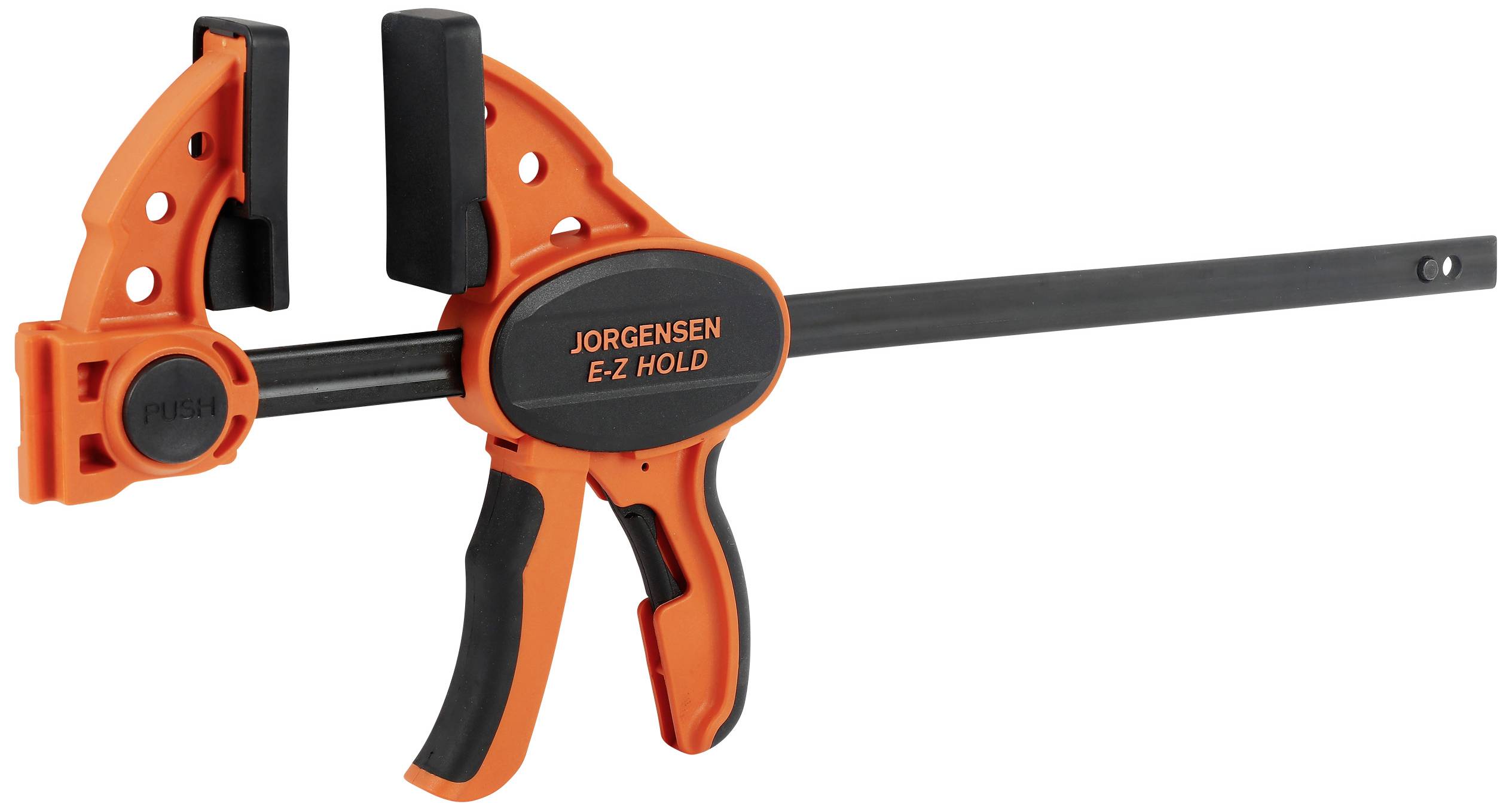 Een oranje spanschroef met zwarte handgreep en het opschrift 'Jorgensen E-Z Hold'.