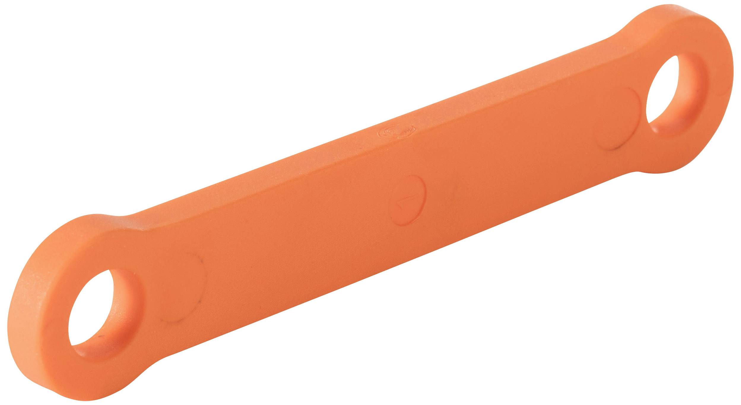 Een lange, platte, oranje kunststofstrip met een gat aan elk uiteinde.