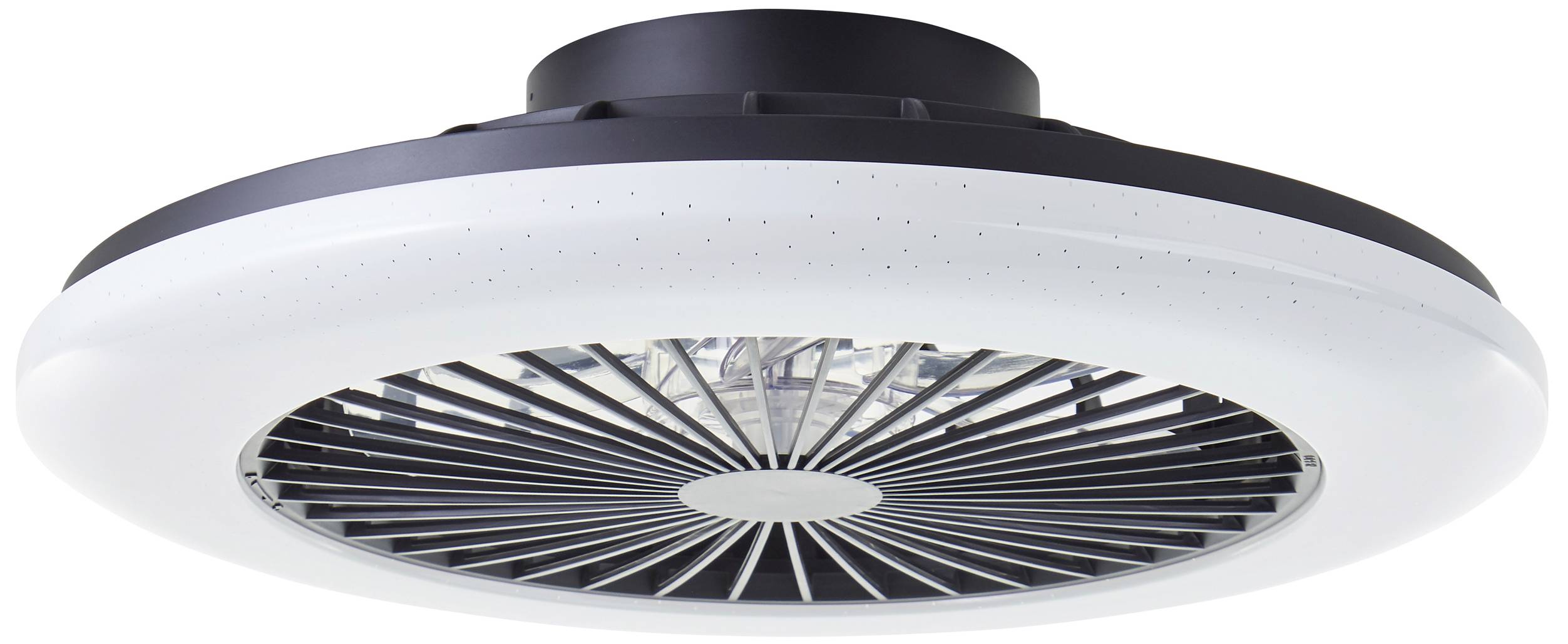 Ronde, moderne plafondventilator met wit en zwart behuizing. Let op het ventilatorraster en de centrale lampen aan de binnenkant.