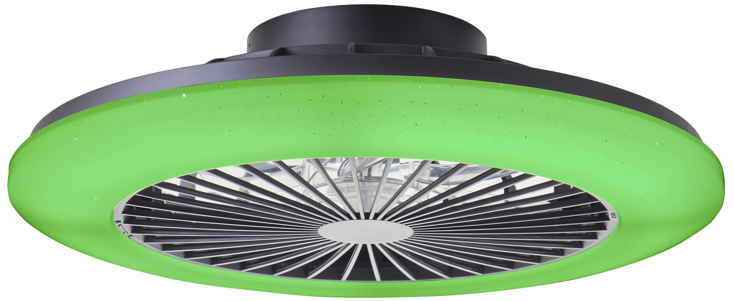 Een ronde plafondlamp met een groene verlichtingsring en een ventilatierooster in het midden.