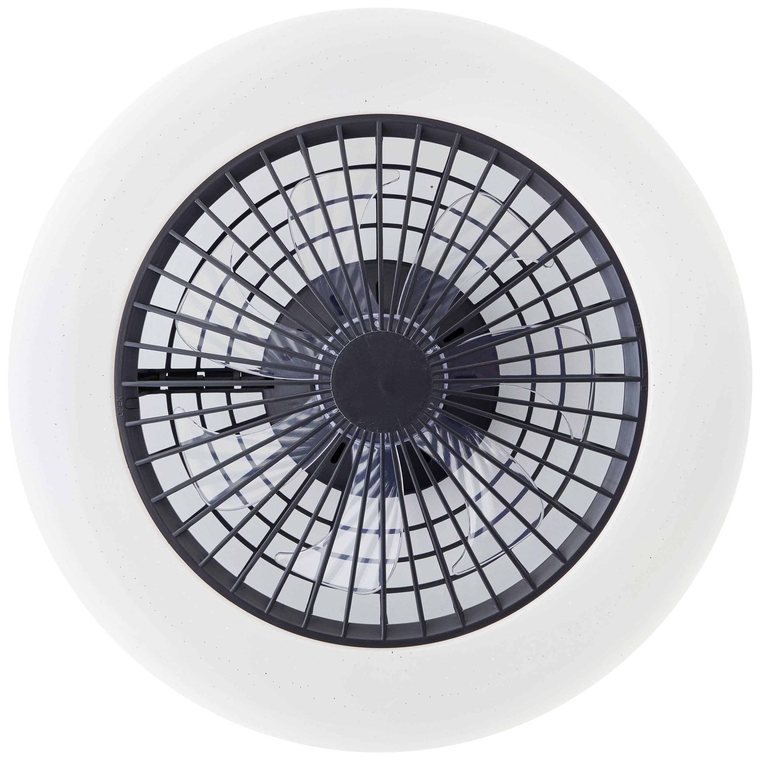 Een moderne, ronde plafondventilator met een rooster dat de rotorbladen verbergt. Ontwerp in zwart-wit, centraal geplaatst.