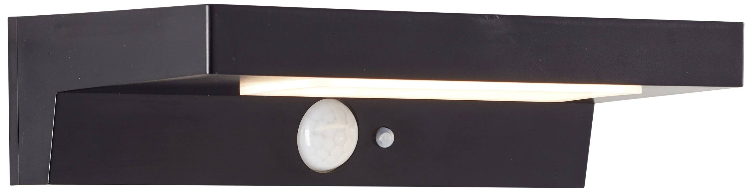 Zwarte wandlamp met geïntegreerde bewegingssensor en LED-verlichting, modern en minimalistisch ontworpen, geschikt voor buitengebruik.