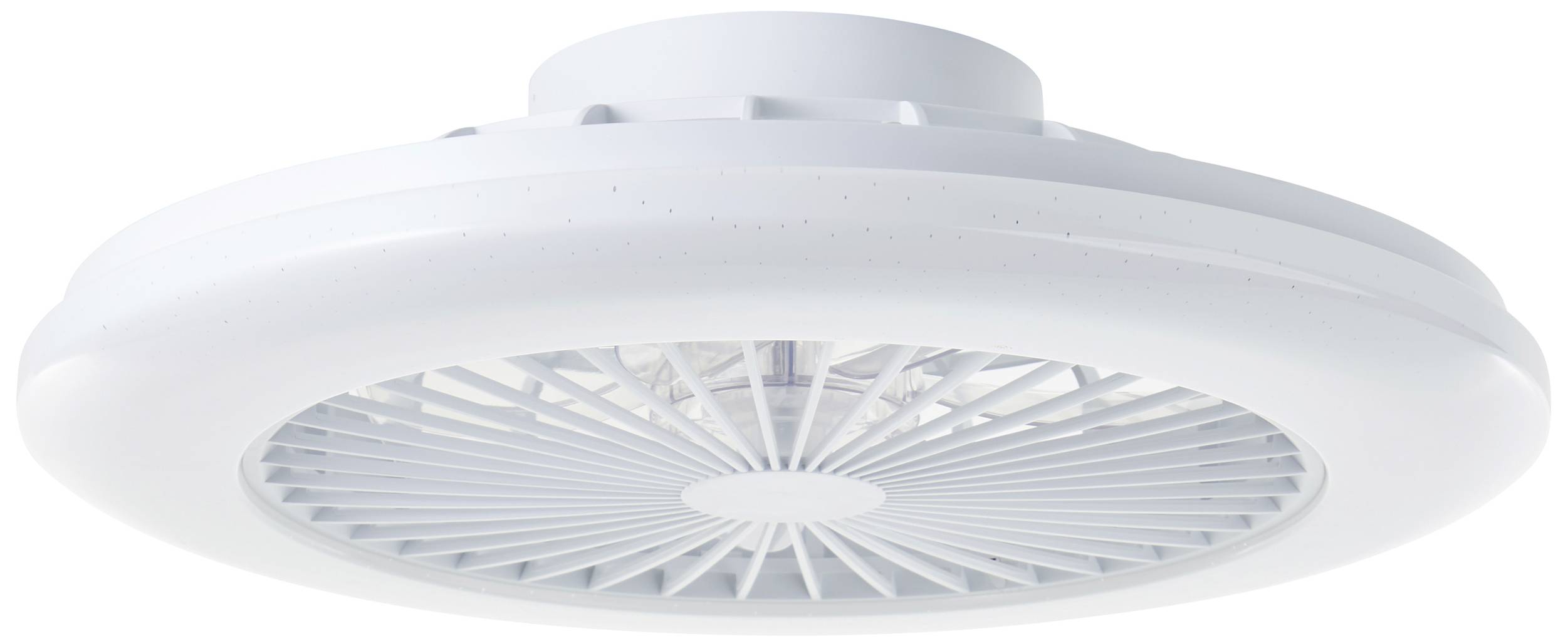 Plafondlamp met een rond, wit behuizing en geïntegreerde ventilatorlamellen. Modern design voor woonkamer of keuken.