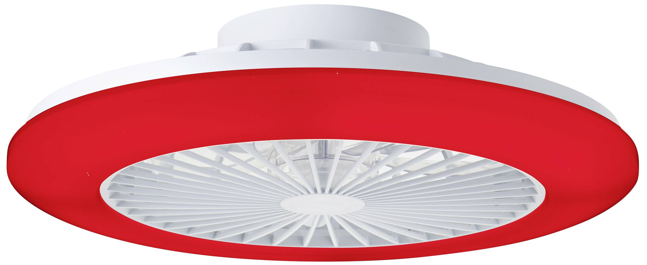 Plafondventilator met rood LED-licht, moderne ronde vorm, witte ventilatierooster in het midden.