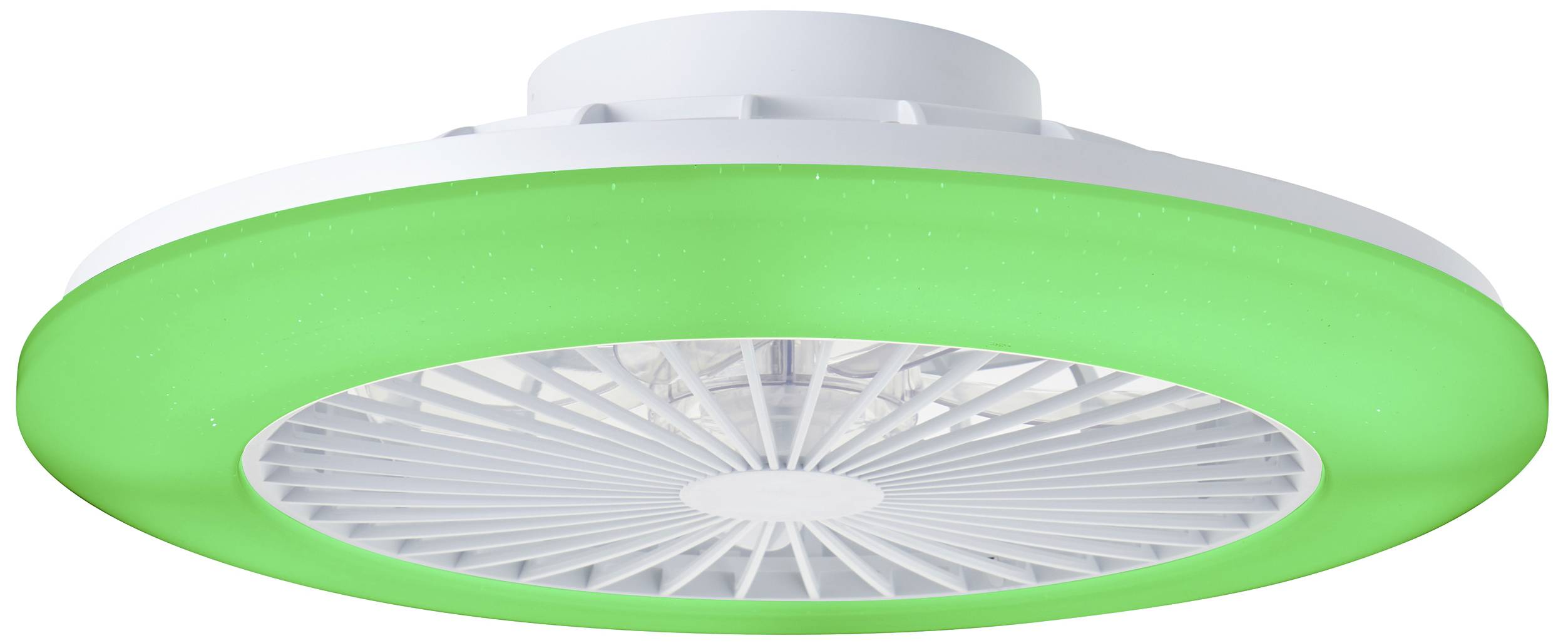Groene LED-plafondlamp met rond behuizing en geïntegreerde ventilator, ontworpen voor moderne interieurs.