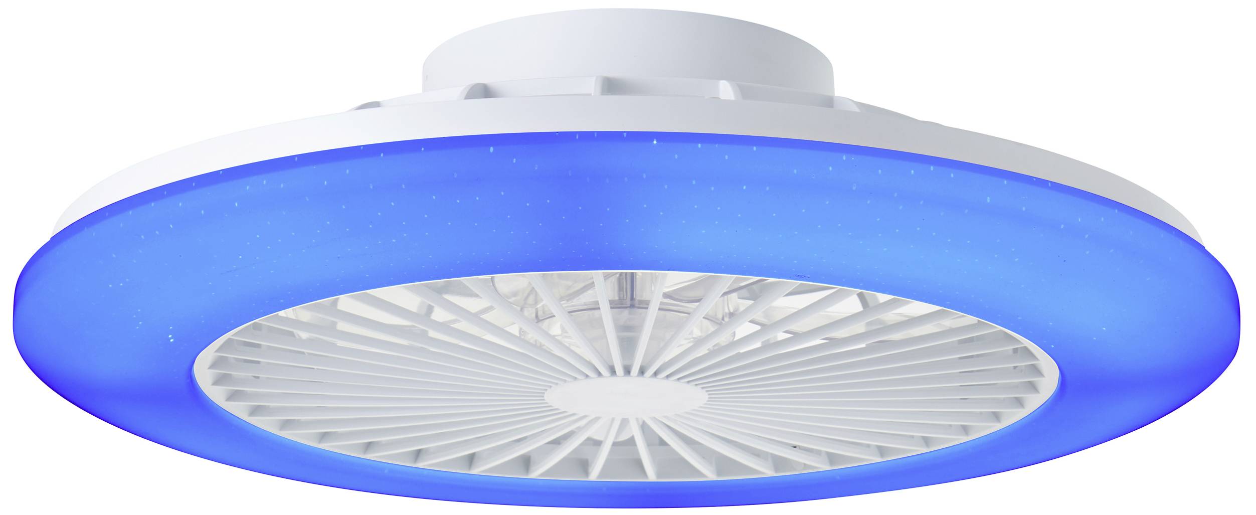 Plafondventilator met blauwe LED-lichtring. Wit rooster in het midden, modern design, biedt zowel verlichting als ventilatie.