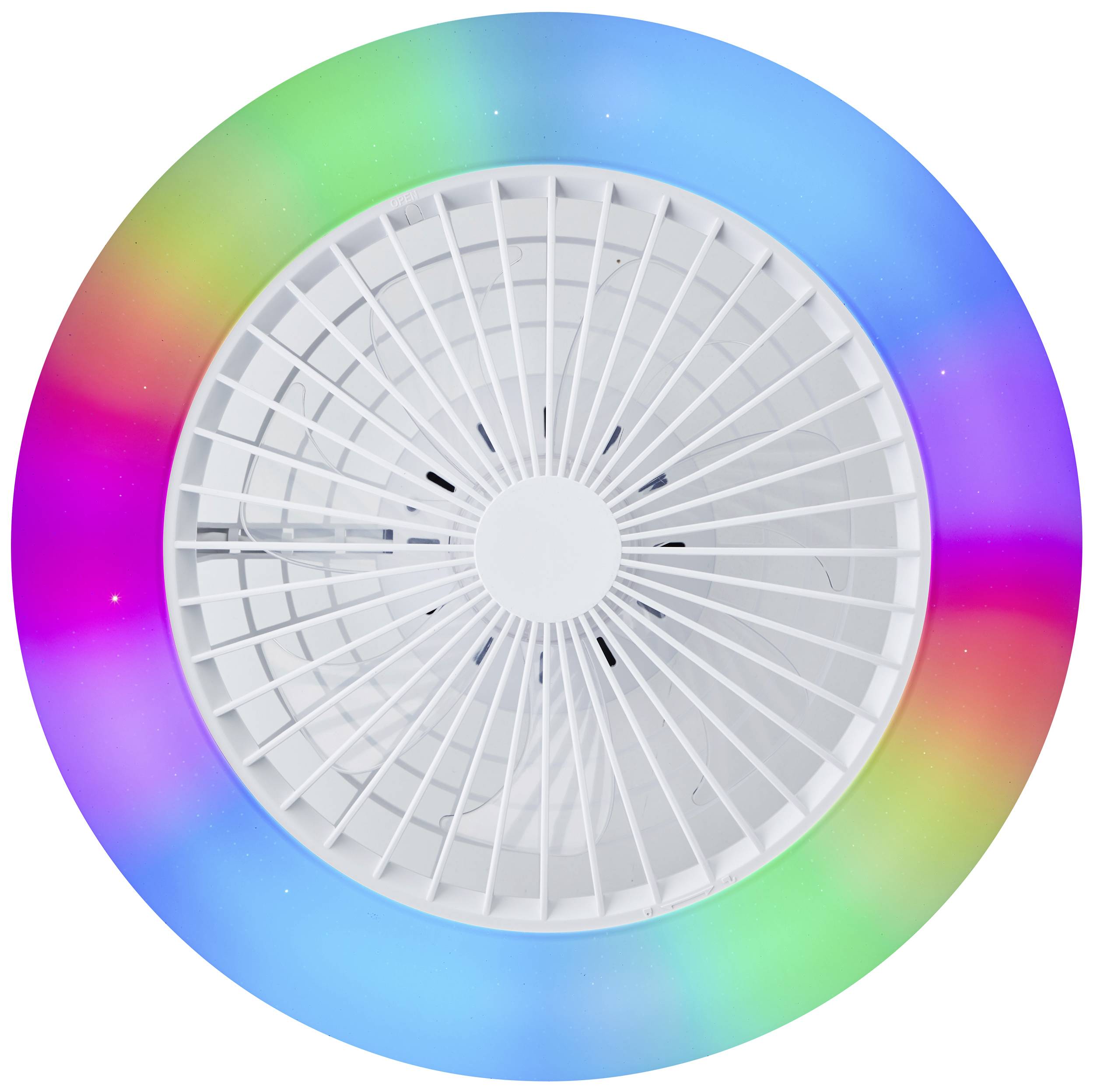 Ventilator met een rond, wit rooster. Omgeven door een lichtgevende ring die verschijnt in de kleuren Blauw, Groen, Geel, Rood en Paars.