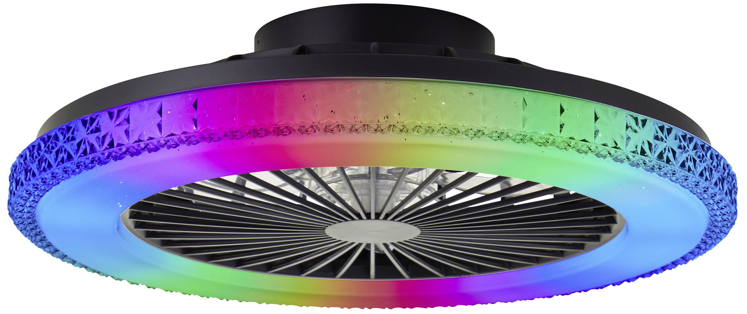 Een plafondventilator met kleurveranderend LED-licht in rood, blauw, groen en paars.